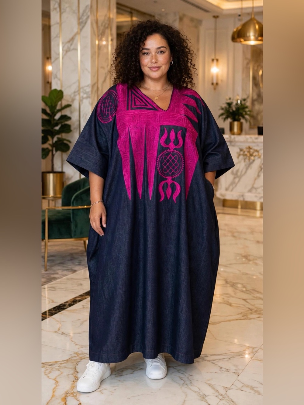 Denim Navy and Fuchsia Embroidery V-Neck Dress